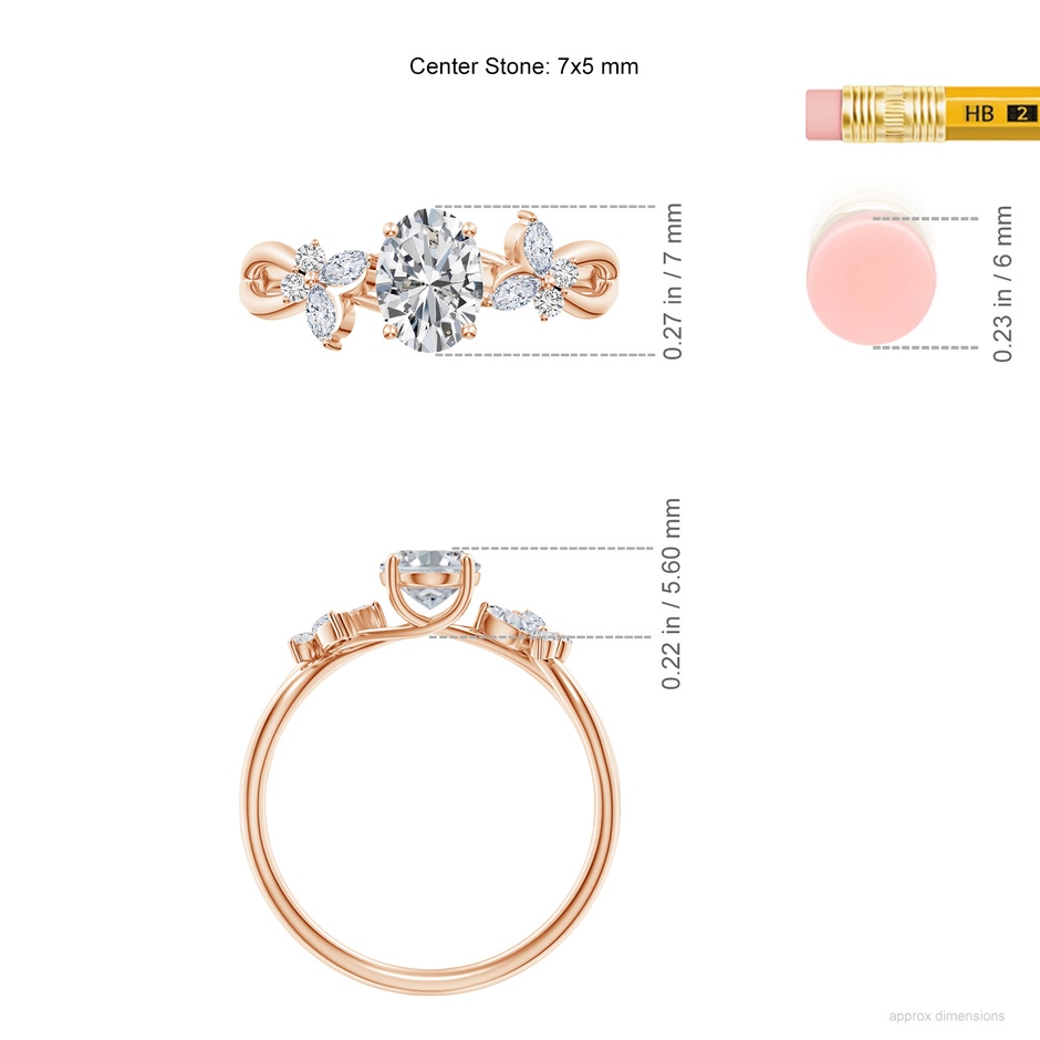 7x5mm HSI2 Oval Diamond Butterfly Engagement Ring in Rose Gold ruler