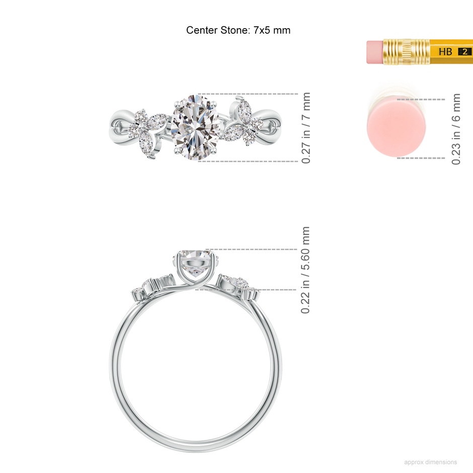7x5mm IJI1I2 Oval Diamond Butterfly Engagement Ring in White Gold ruler
