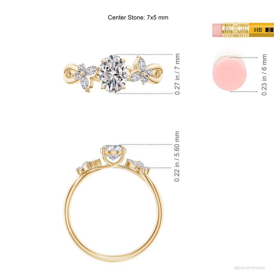 7x5mm IJI1I2 Oval Diamond Butterfly Engagement Ring in Yellow Gold ruler