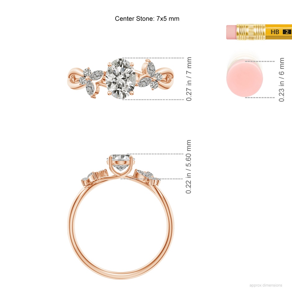 7x5mm KI3 Oval Diamond Butterfly Engagement Ring in Rose Gold ruler