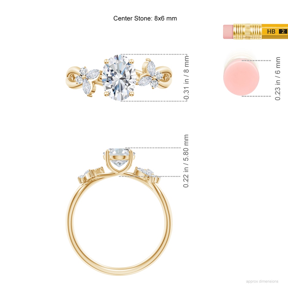8x6mm GVS2 Oval Diamond Butterfly Engagement Ring in Yellow Gold ruler