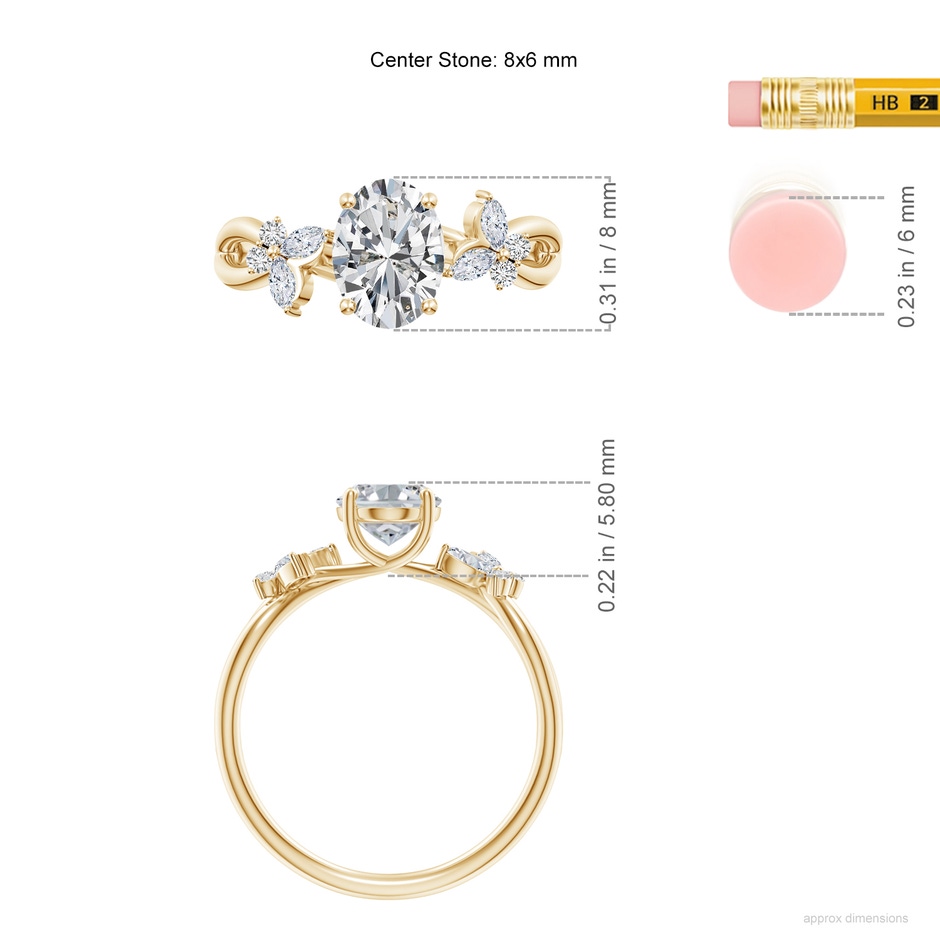 8x6mm HSI2 Oval Diamond Butterfly Engagement Ring in Yellow Gold ruler