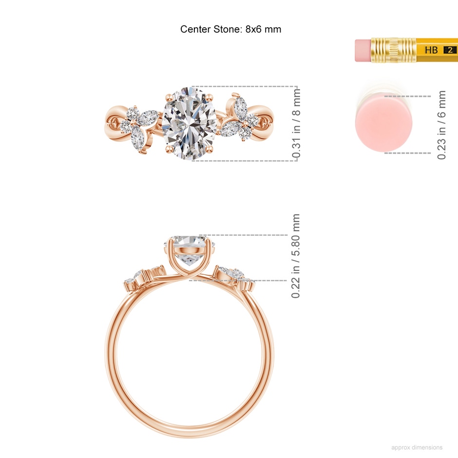 8x6mm IJI1I2 Oval Diamond Butterfly Engagement Ring in Rose Gold ruler