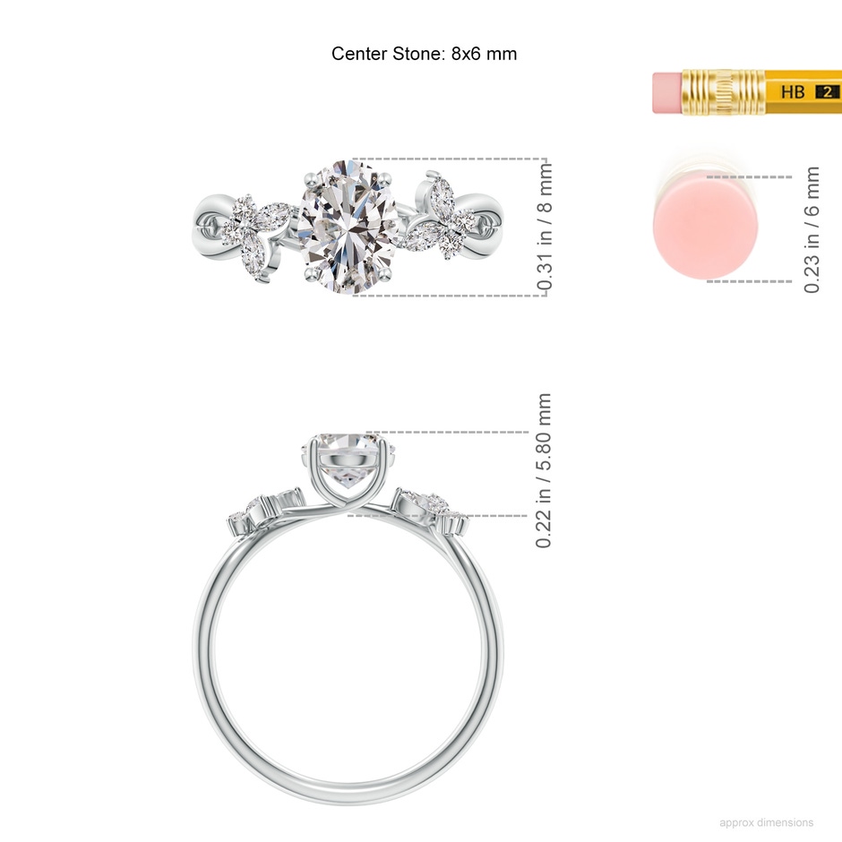 8x6mm IJI1I2 Oval Diamond Butterfly Engagement Ring in White Gold ruler