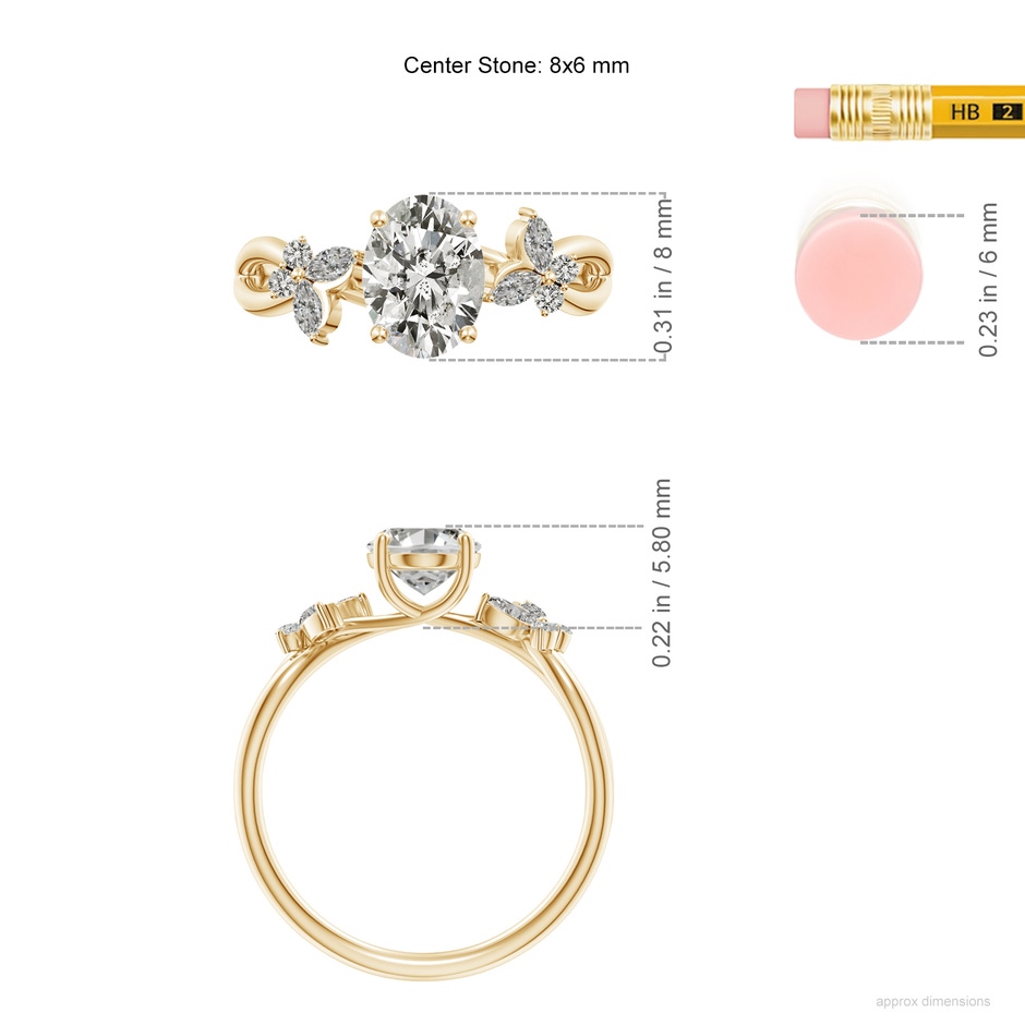 8x6mm KI3 Oval Diamond Butterfly Engagement Ring in Yellow Gold ruler