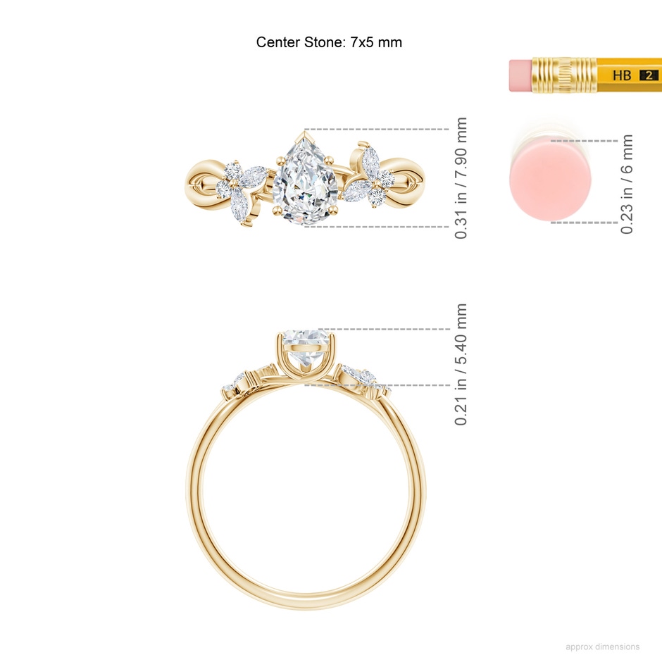 7x5mm GVS2 Pear-Shaped Diamond Butterfly Engagement Ring in Yellow Gold ruler