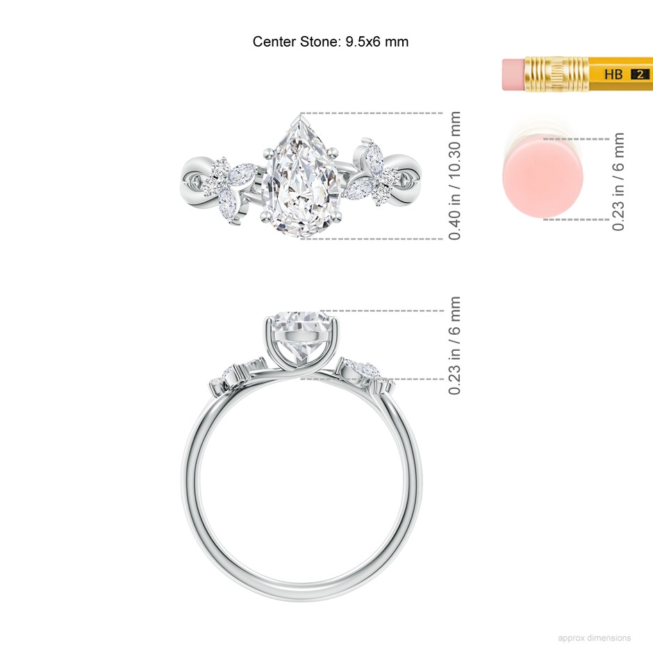 9.5x6mm HSI2 Pear-Shaped Diamond Butterfly Engagement Ring in White Gold ruler