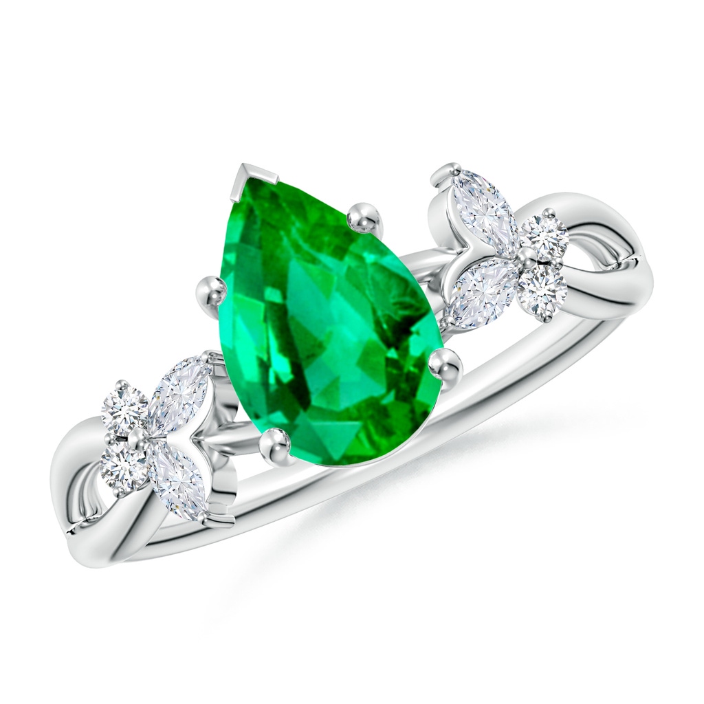 9x7mm AAA Pear-Shaped Emerald Butterfly Engagement Ring in White Gold