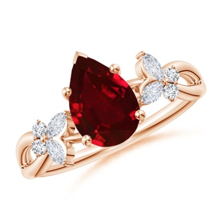 9x7mm AAAA Pear-Shaped Ruby Butterfly Engagement Ring in Rose Gold