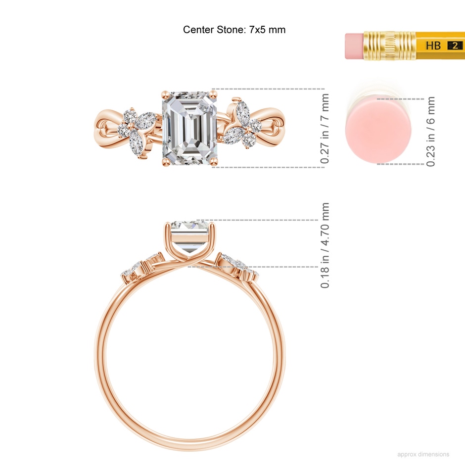 7x5mm IJI1I2 Emerald-Cut Diamond Butterfly Engagement Ring in Rose Gold ruler