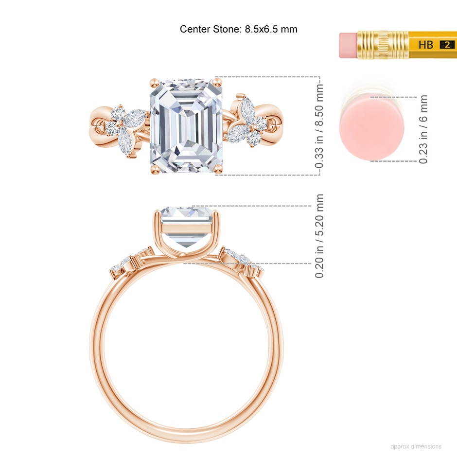 8.5x6.5mm GVS2 Emerald-Cut Diamond Butterfly Engagement Ring in 18K Rose Gold ruler