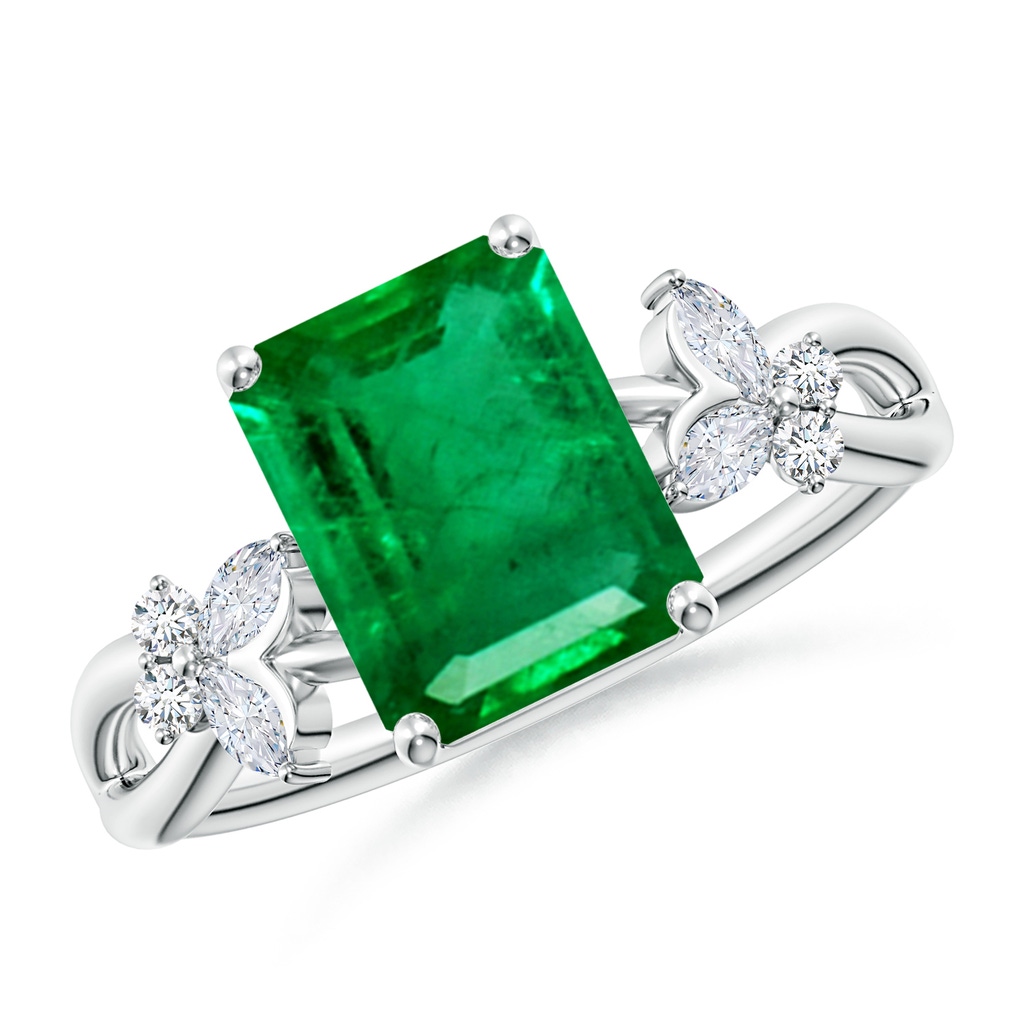9x7mm AAA Emerald-Cut Emerald Butterfly Engagement Ring in White Gold