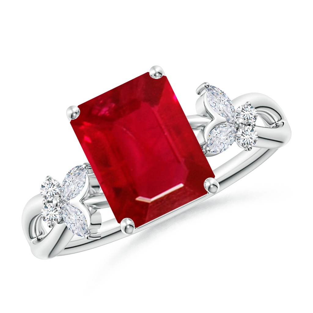 9x7mm AAA Emerald-Cut Ruby Butterfly Engagement Ring in White Gold