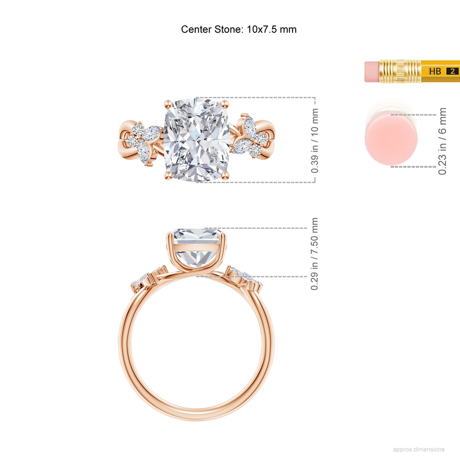 10x7.5mm HSI2 Cushion Rectangular Diamond Butterfly Engagement Ring in 18K Rose Gold ruler