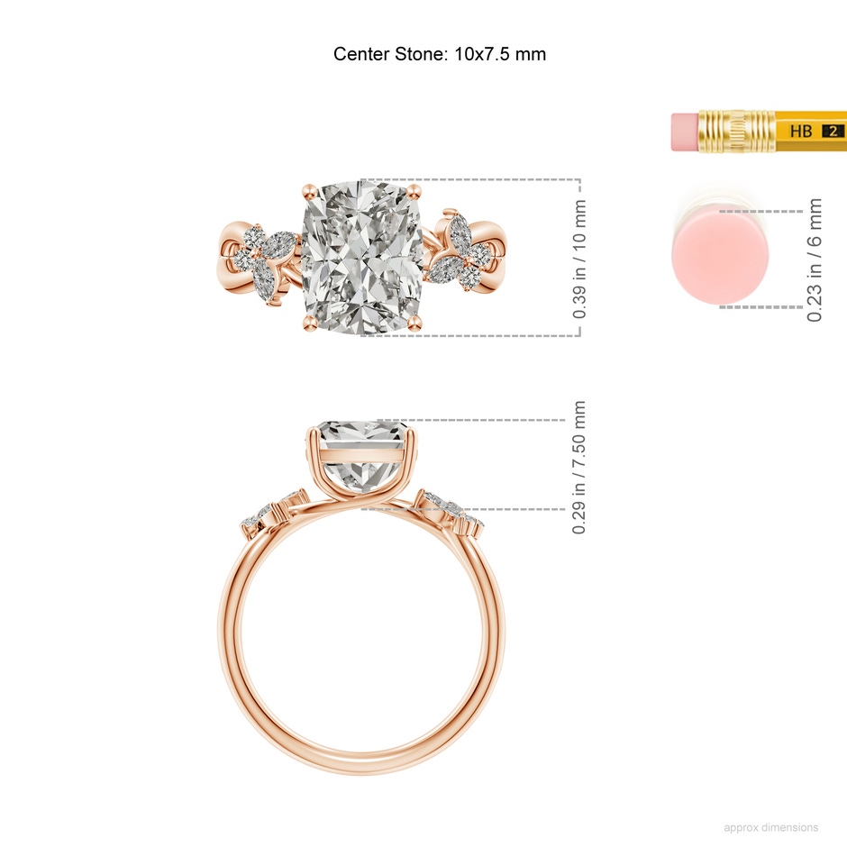 10x7.5mm KI3 Cushion Rectangular Diamond Butterfly Engagement Ring in Rose Gold ruler
