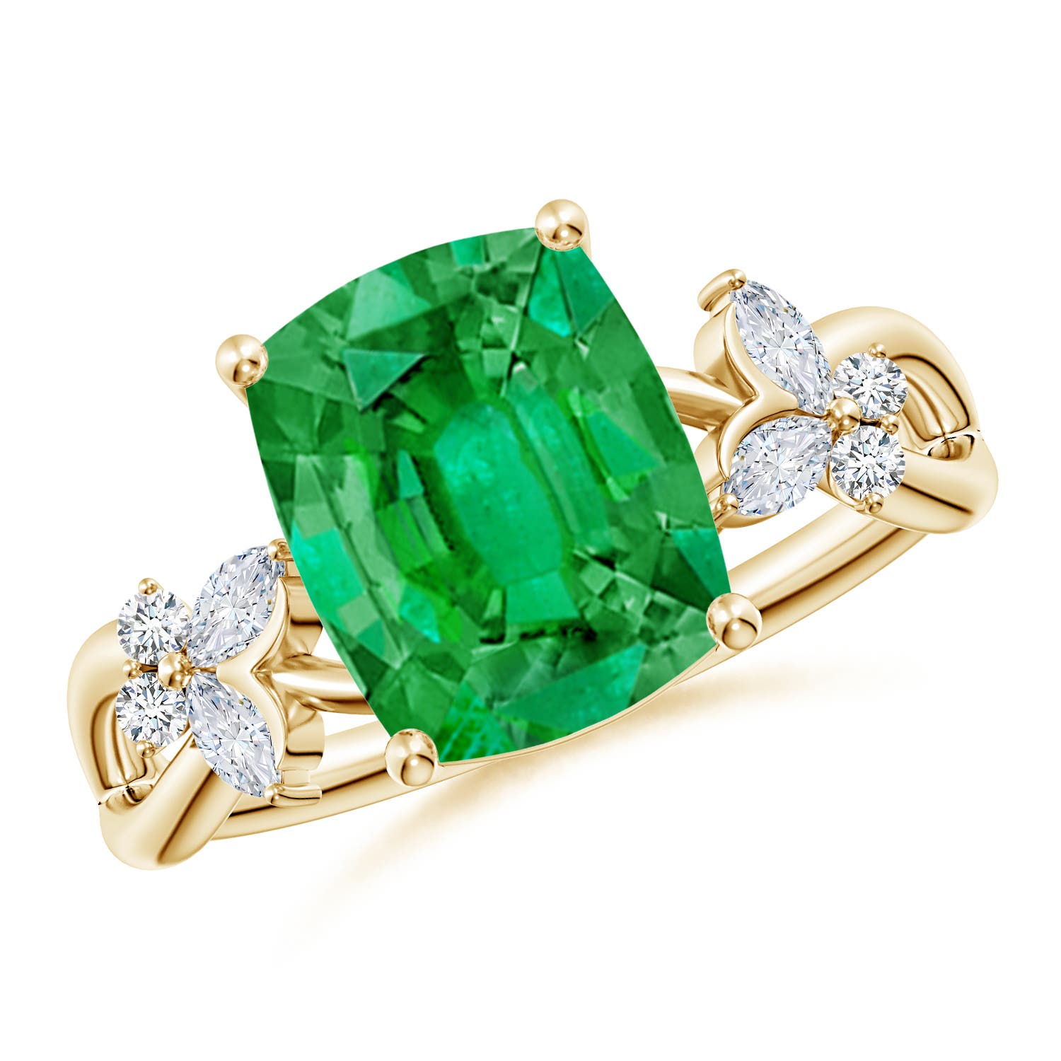 10x8mm AAA Cushion Rectangular Emerald Butterfly Engagement Ring in Yellow Gold