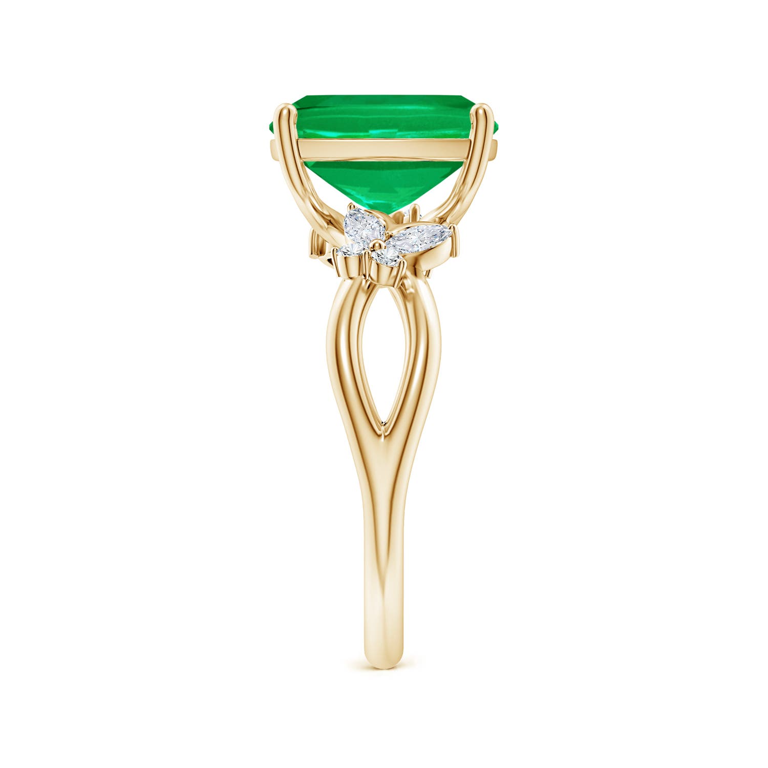 10x8mm AAA Cushion Rectangular Emerald Butterfly Engagement Ring in Yellow Gold - side 3