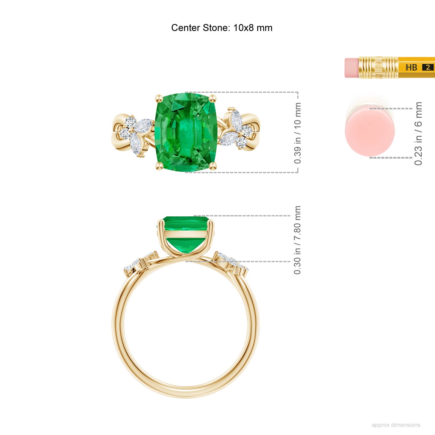 10x8mm AAA Cushion Rectangular Emerald Butterfly Engagement Ring in Yellow Gold - ruler