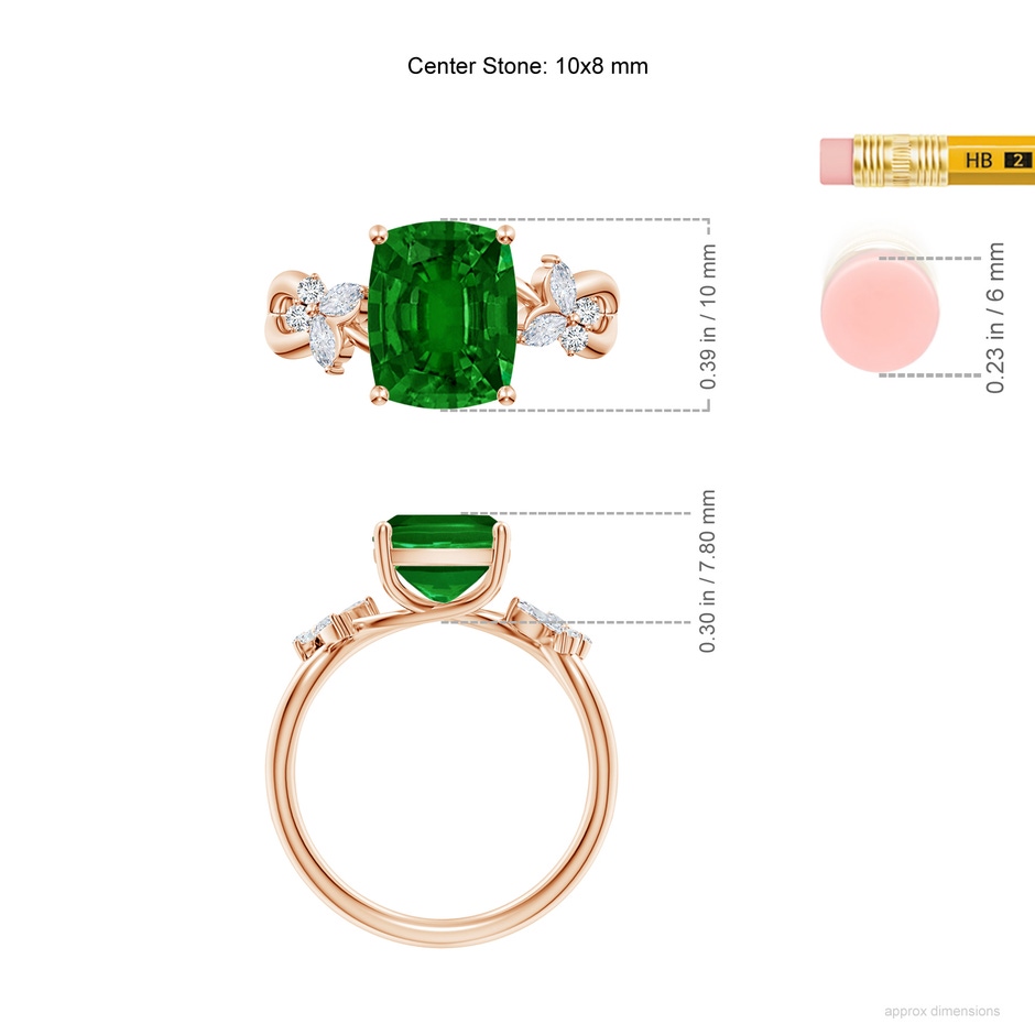 10x8mm AAAA Cushion Rectangular Emerald Butterfly Engagement Ring in Rose Gold ruler