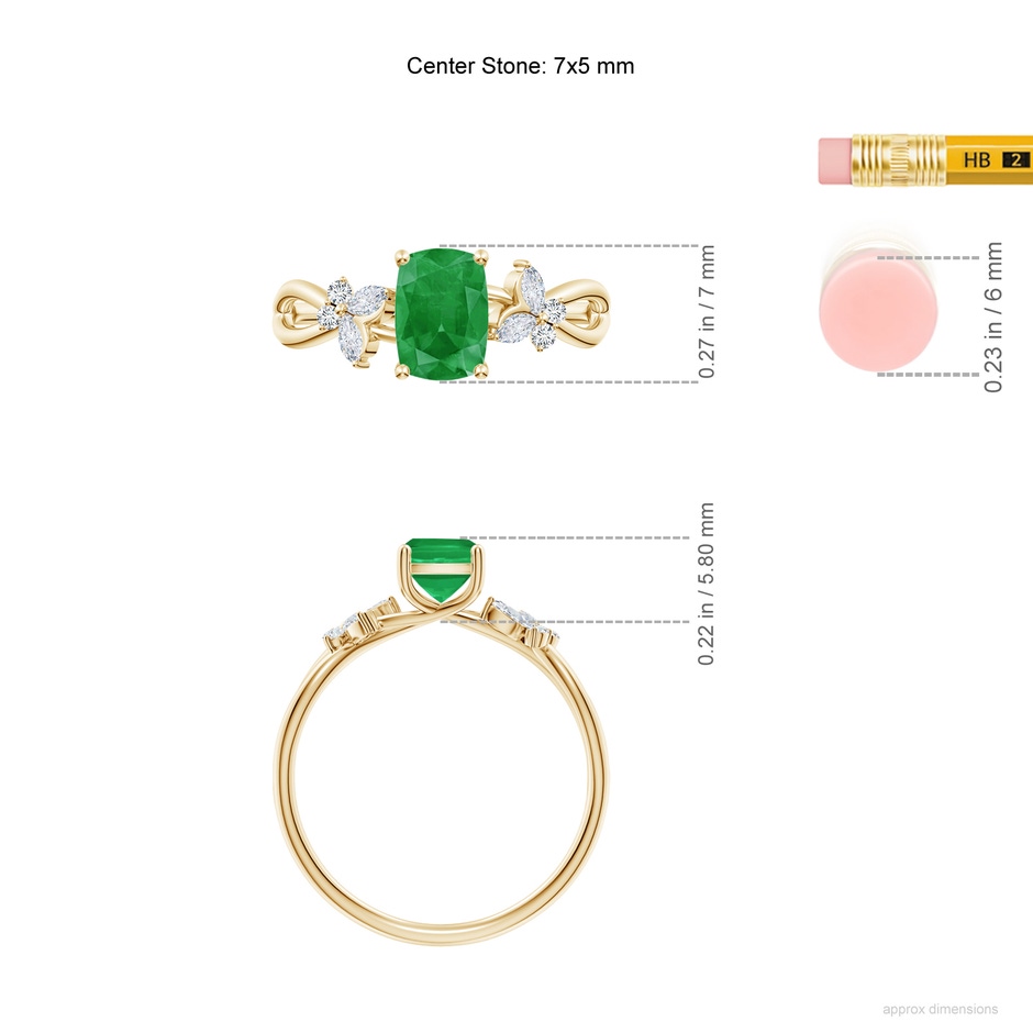 7x5mm A Cushion Rectangular Emerald Butterfly Engagement Ring in Yellow Gold ruler