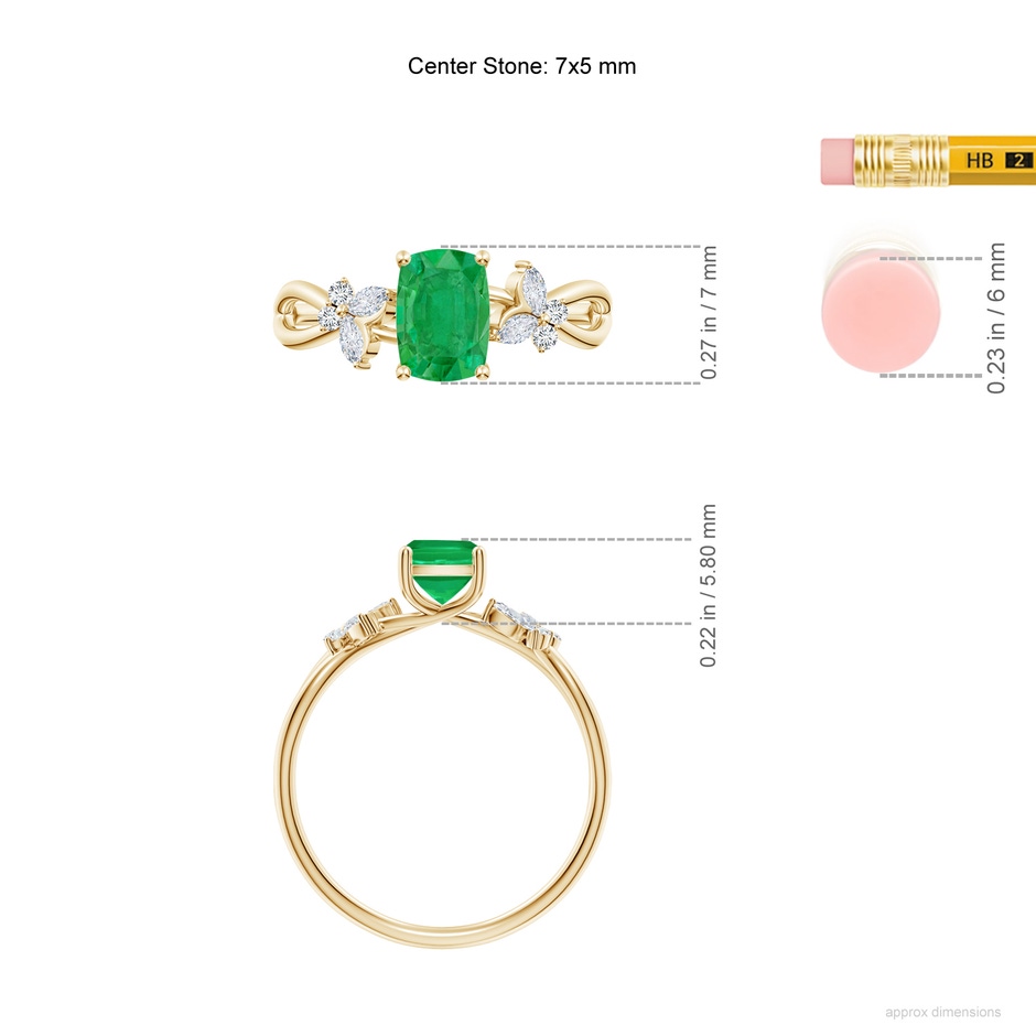 7x5mm AA Cushion Rectangular Emerald Butterfly Engagement Ring in Yellow Gold ruler