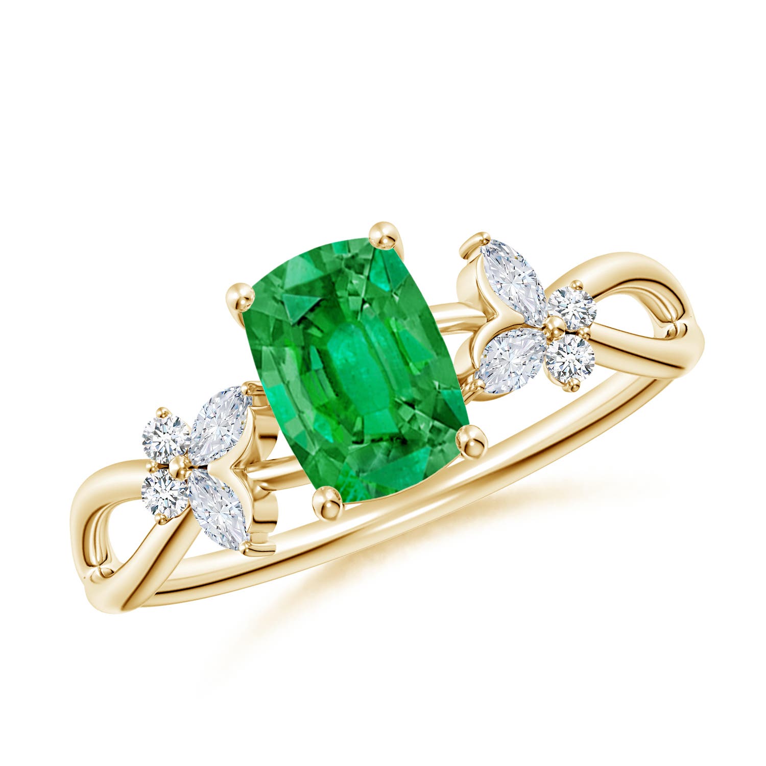 7x5mm AAA Cushion Rectangular Emerald Butterfly Engagement Ring in 18K Yellow Gold