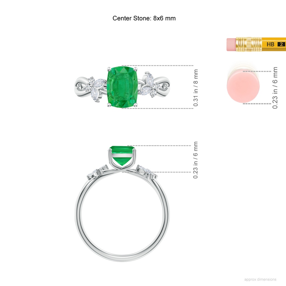 8x6mm AA Cushion Rectangular Emerald Butterfly Engagement Ring in White Gold ruler