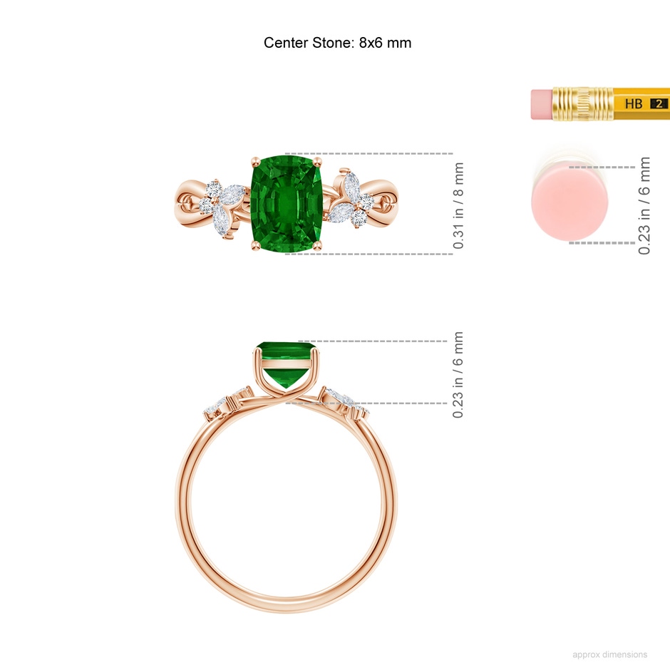 8x6mm AAAA Cushion Rectangular Emerald Butterfly Engagement Ring in 18K Rose Gold ruler
