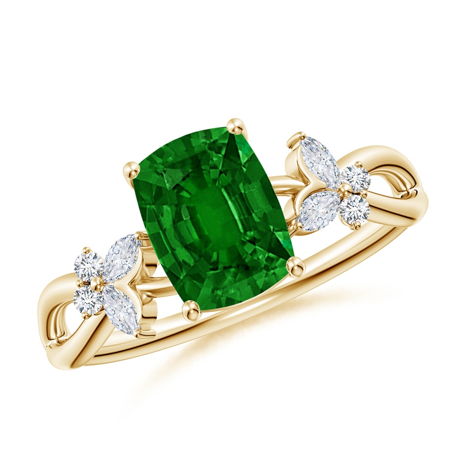 8x6mm AAAA Cushion Rectangular Emerald Butterfly Engagement Ring in Yellow Gold 