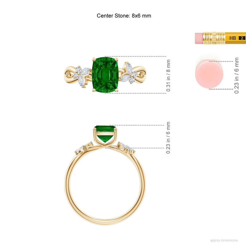 8x6mm AAAA Cushion Rectangular Emerald Butterfly Engagement Ring in Yellow Gold ruler