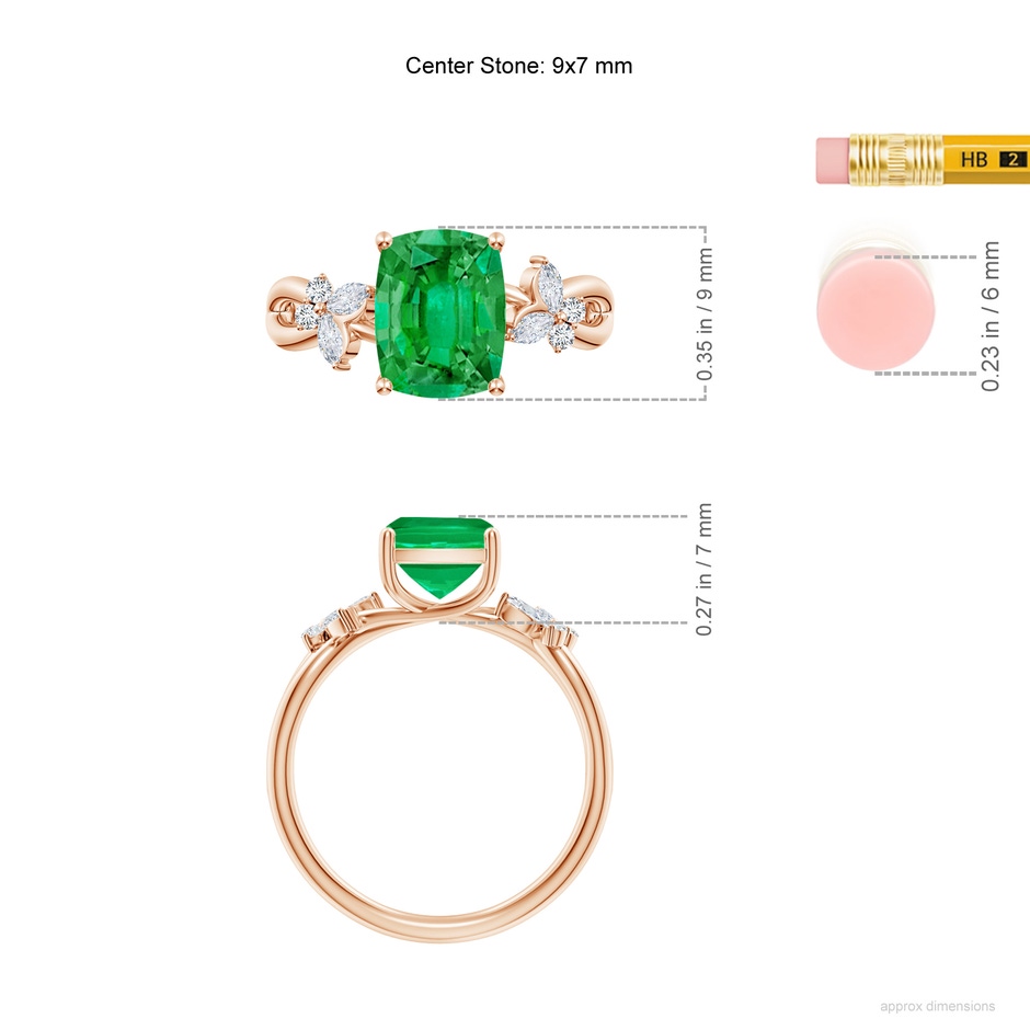 9x7mm AAA Cushion Rectangular Emerald Butterfly Engagement Ring in 18K Rose Gold ruler