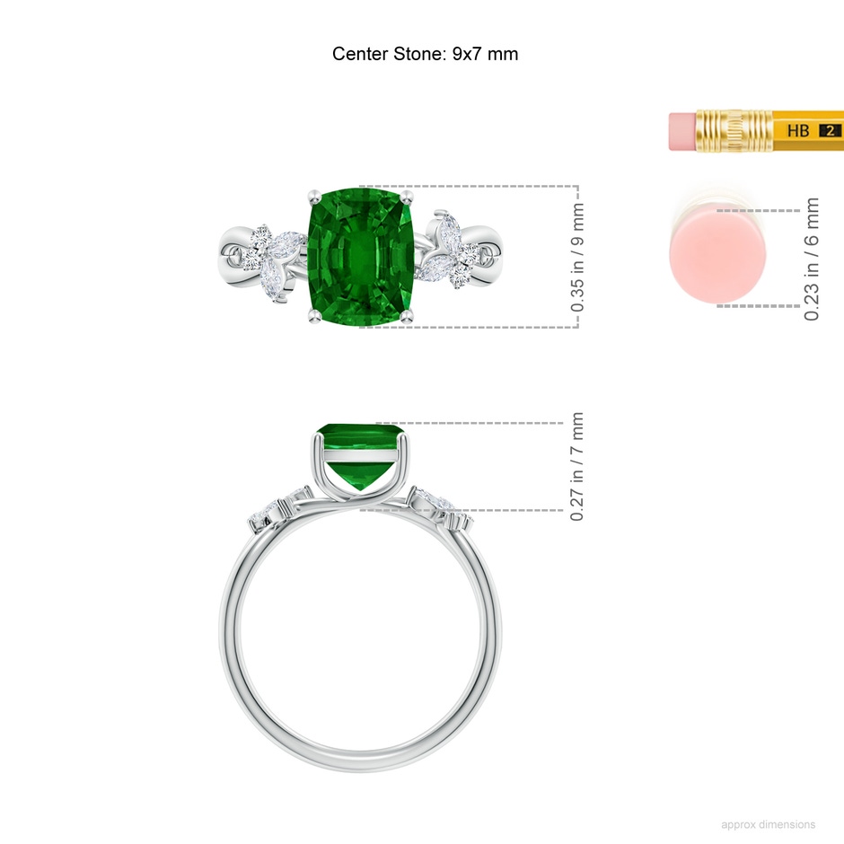 9x7mm AAAA Cushion Rectangular Emerald Butterfly Engagement Ring in P950 Platinum ruler