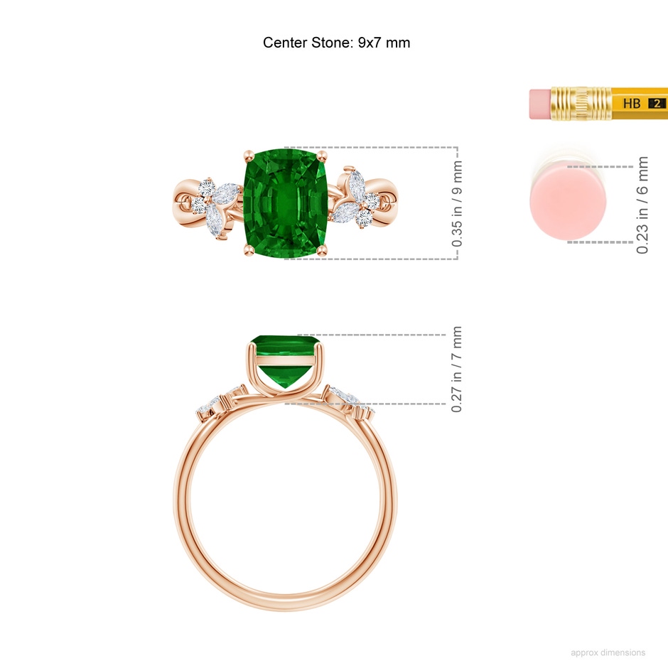 9x7mm AAAA Cushion Rectangular Emerald Butterfly Engagement Ring in Rose Gold ruler