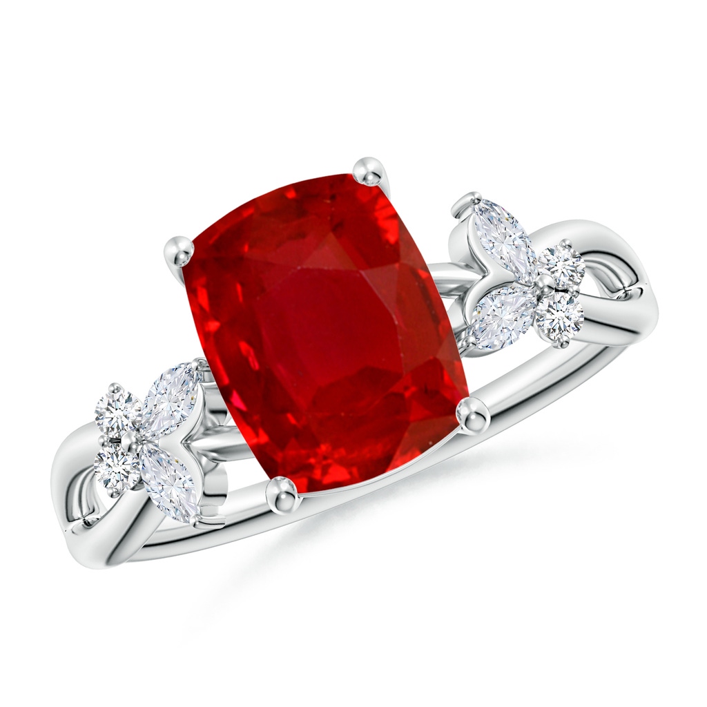 9x7mm AAA Cushion Rectangular Ruby Butterfly Engagement Ring in White Gold
