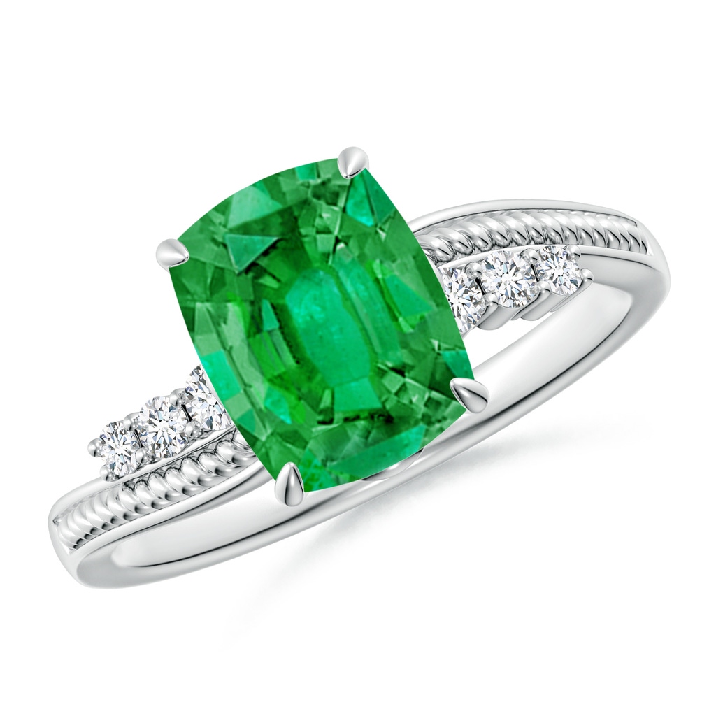 9x7mm AAA Vintage Style Cushion Rectangular Emerald Bypass Shank Engagement Ring in White Gold 