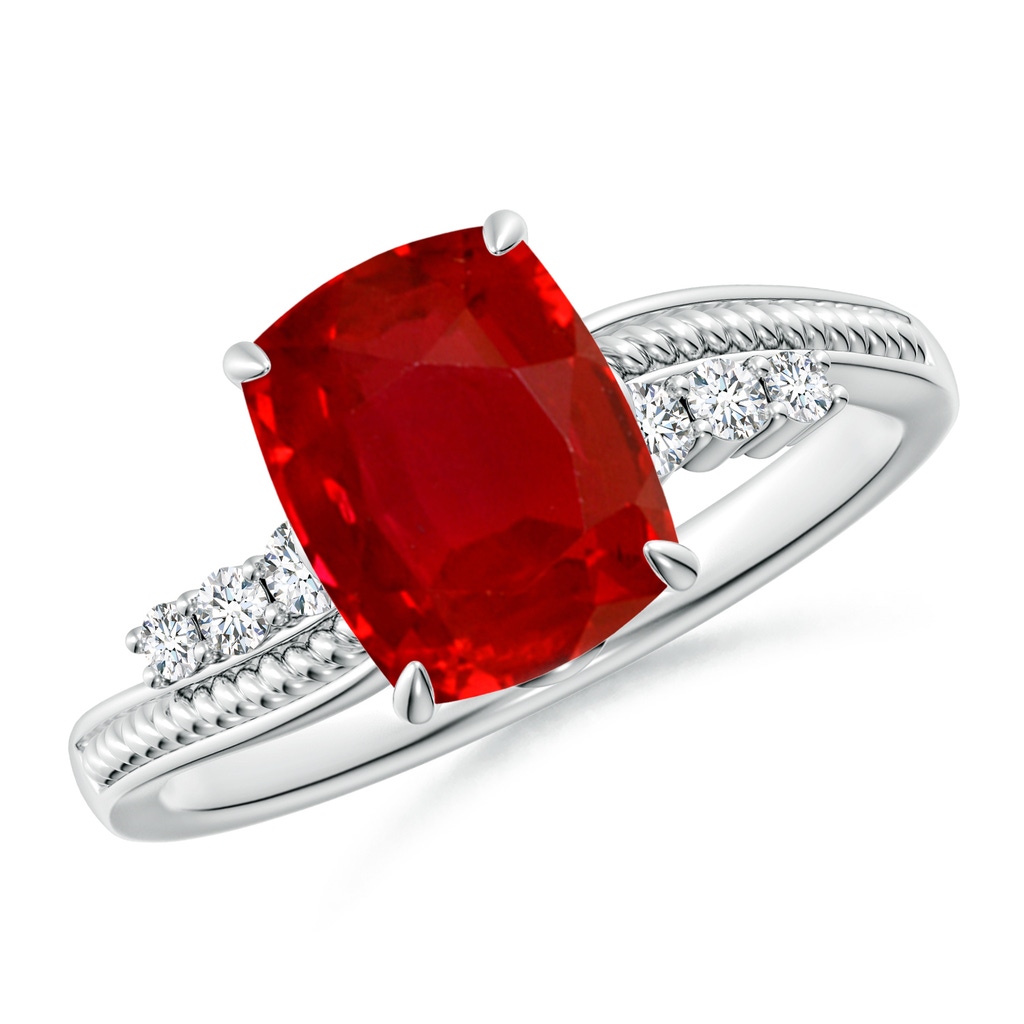 9x7mm AAA Vintage Style Cushion Rectangular Ruby Bypass Shank Engagement Ring in White Gold