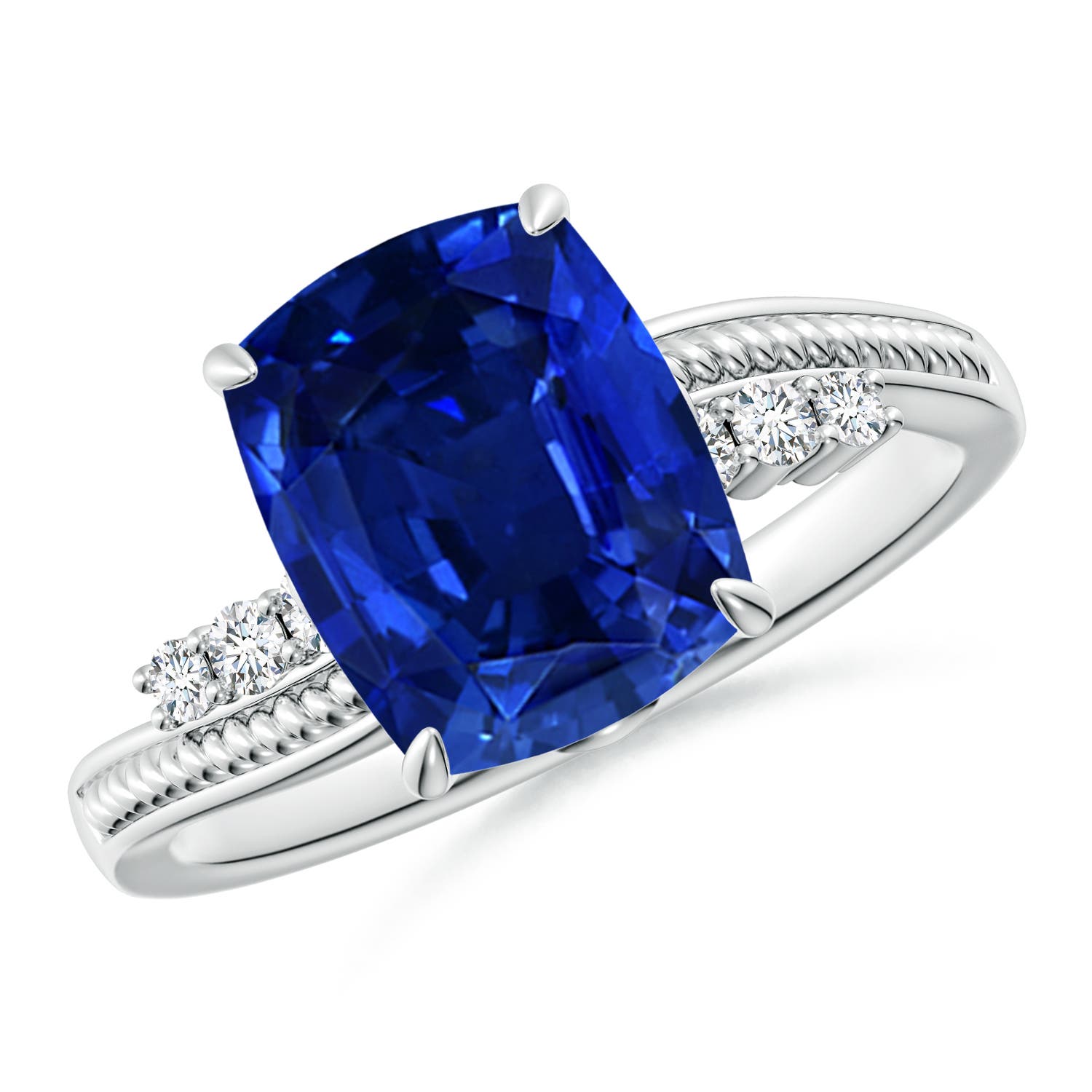 10x8mm AAAA Vintage Style Cushion Rectangular Blue Sapphire Bypass Shank Engagement Ring in P950 Platinum