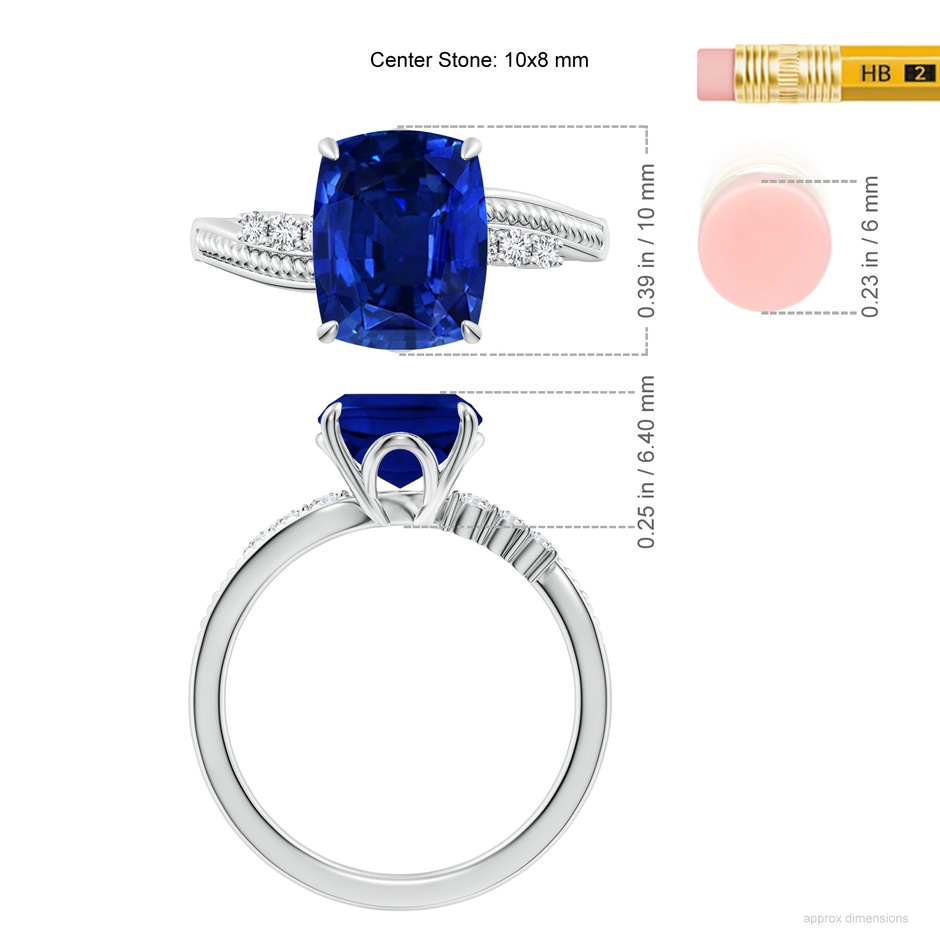 10x8mm Lab-Grown Vintage Style Cushion Rectangular Blue Sapphire Bypass Shank Engagement Ring in White Gold ruler