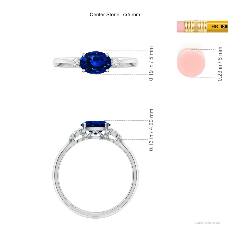 7x5mm AAAA Classic East-West Oval Blue Sapphire Side Stone Engagement Ring in White Gold ruler