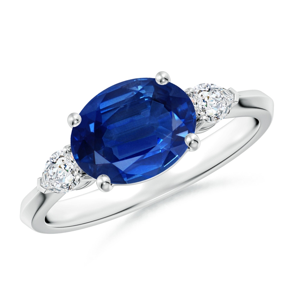 9x7mm AAA Classic East-West Oval Blue Sapphire Side Stone Engagement Ring in White Gold 