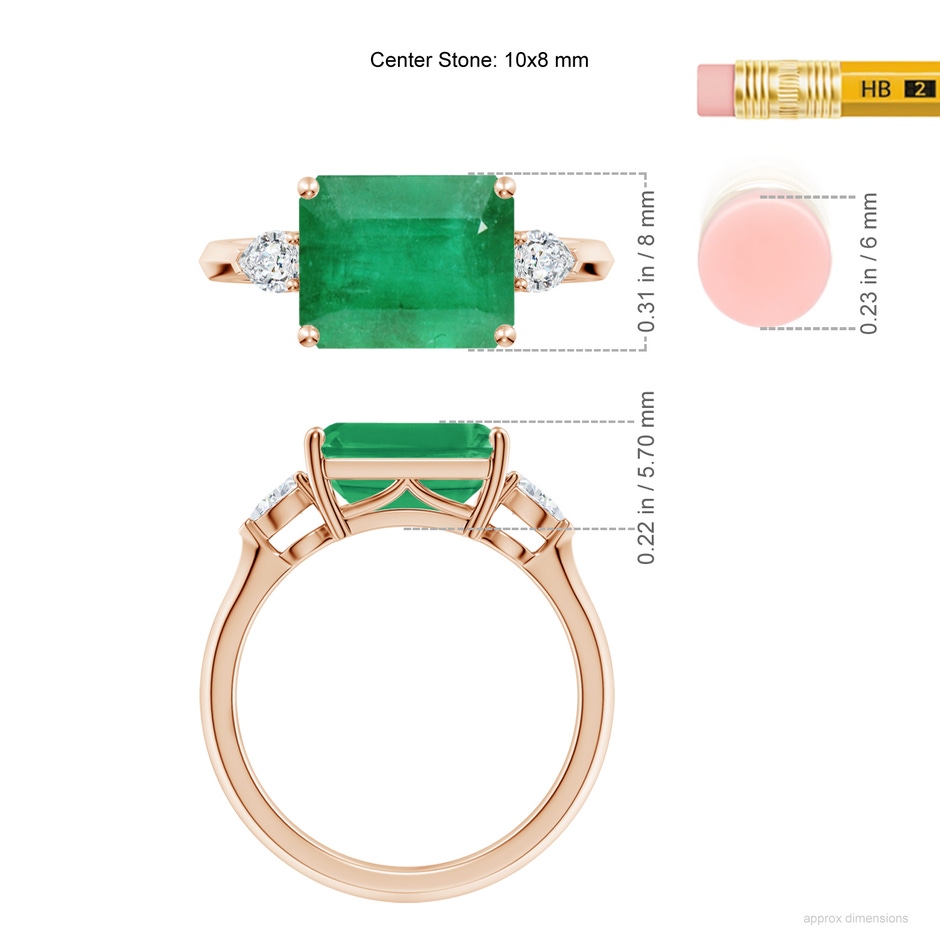 10x8mm A Classic East-West Emerald-Cut Emerald Side Stone Engagement Ring in Rose Gold ruler