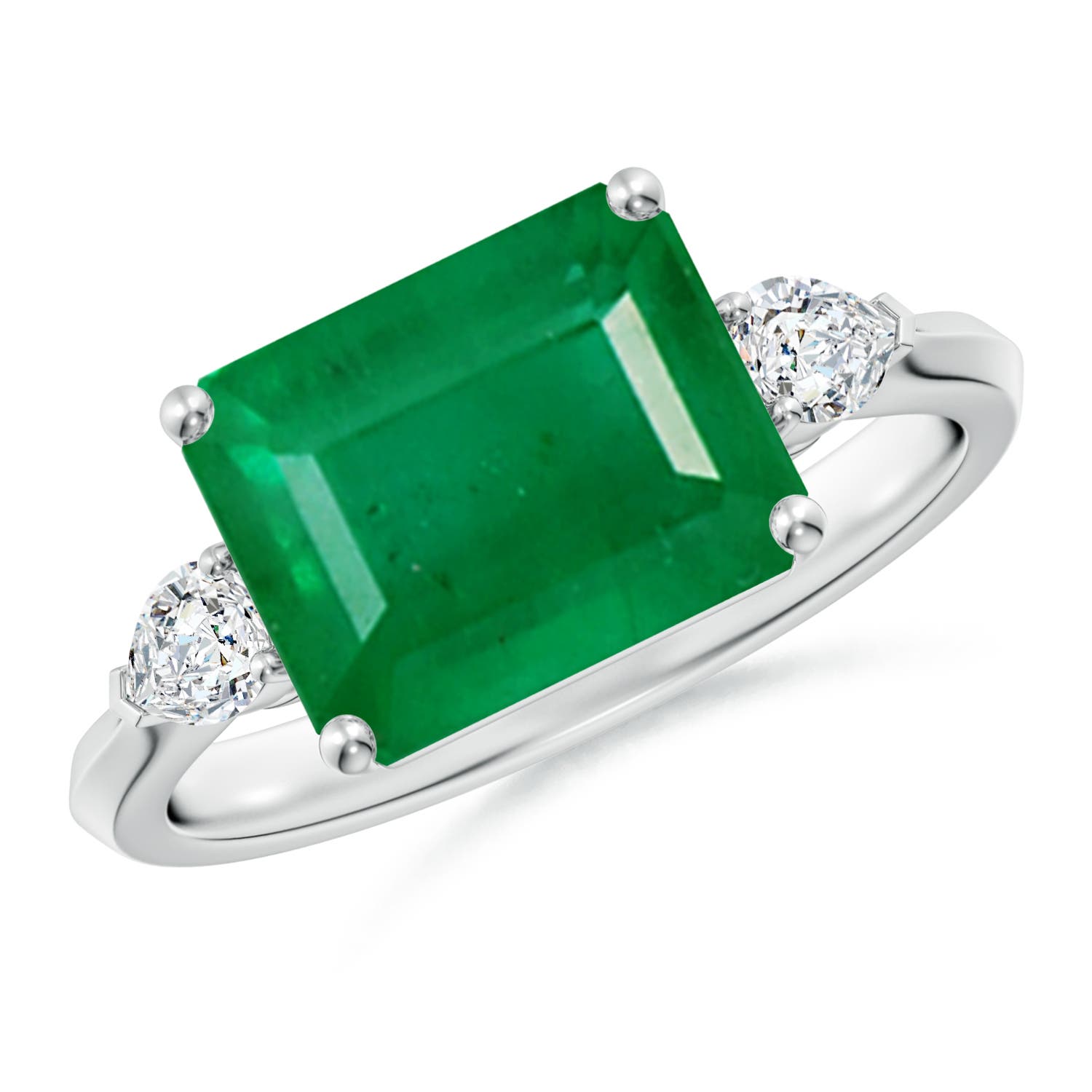 10x8mm AA Classic East-West Emerald-Cut Emerald Side Stone Engagement Ring in White Gold
