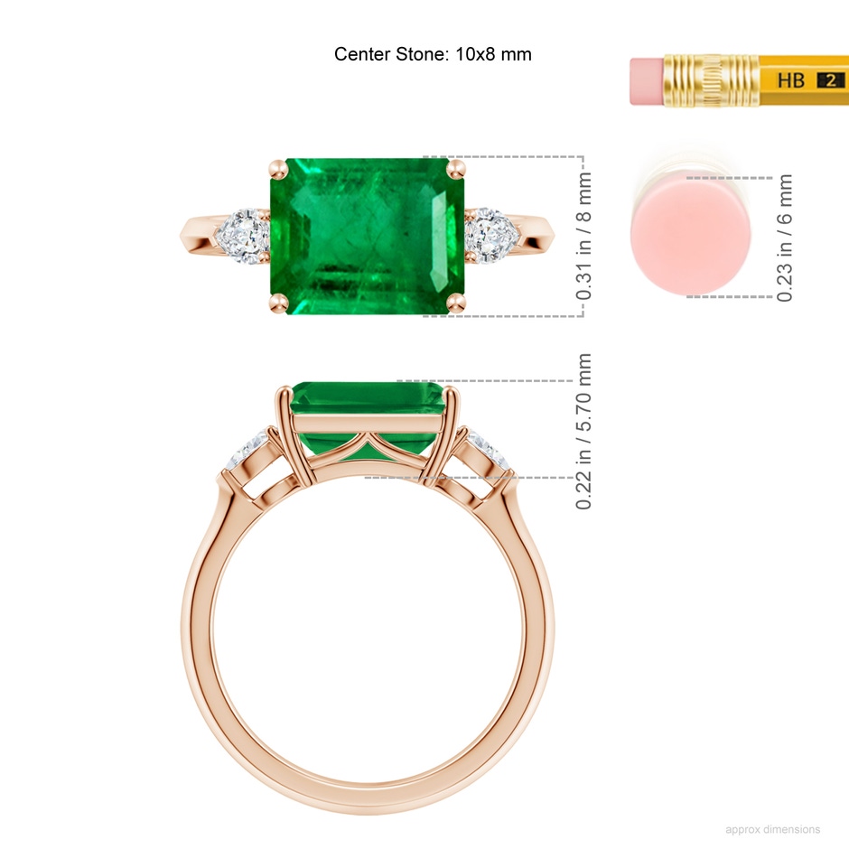 10x8mm AAA Classic East-West Emerald-Cut Emerald Side Stone Engagement Ring in 18K Rose Gold ruler
