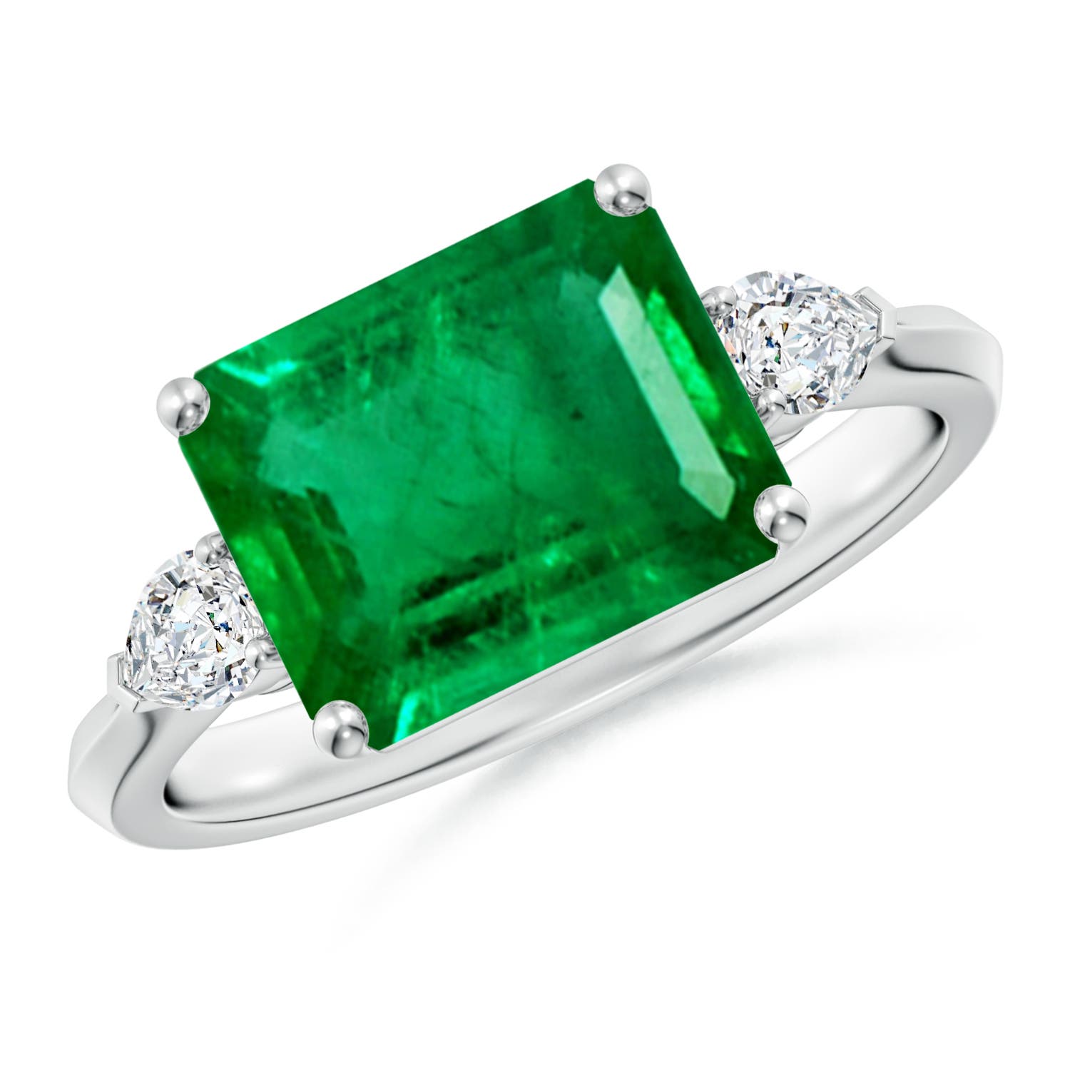 10x8mm AAA Classic East-West Emerald-Cut Emerald Side Stone Engagement Ring in White Gold