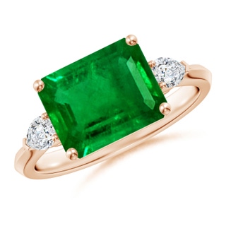 10x8mm AAAA Classic East-West Emerald-Cut Emerald Side Stone Engagement Ring in 18K Rose Gold