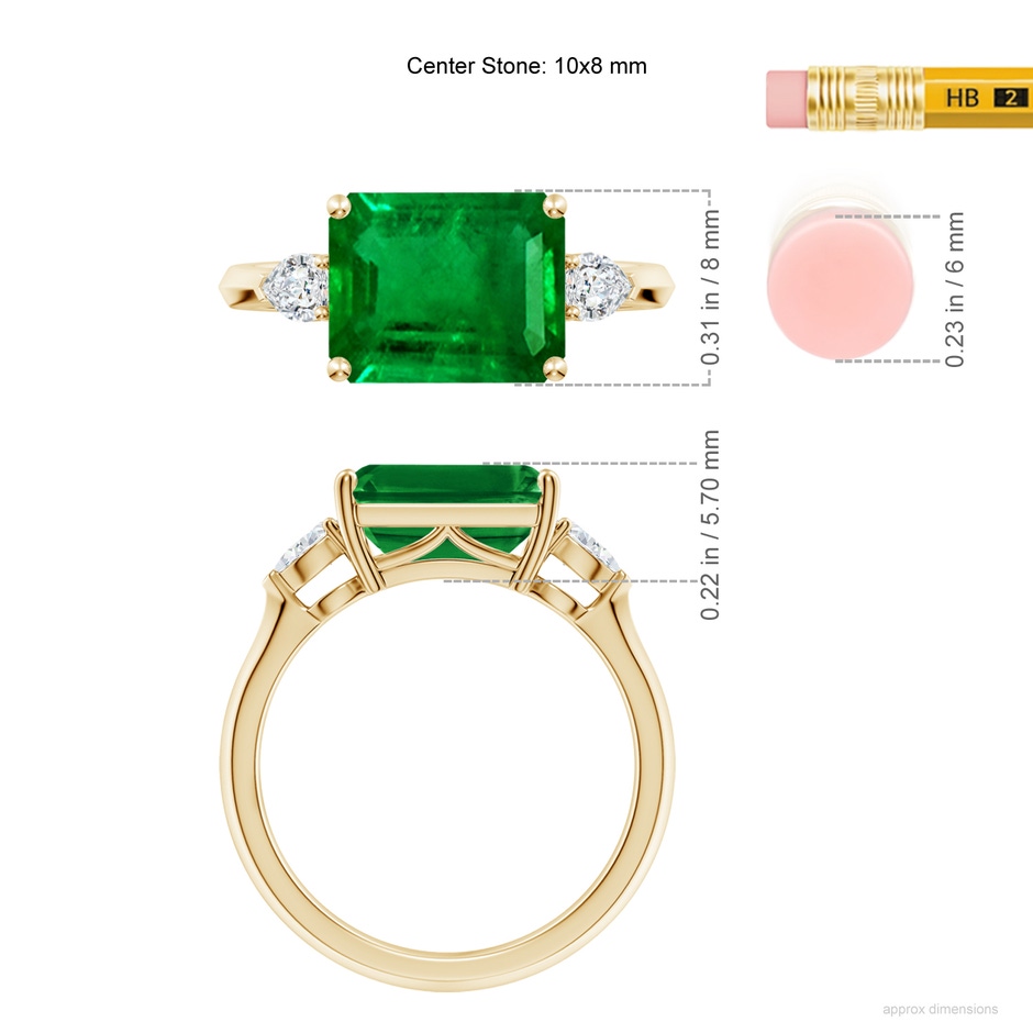 10x8mm AAAA Classic East-West Emerald-Cut Emerald Side Stone Engagement Ring in Yellow Gold ruler