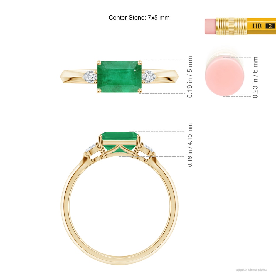 7x5mm A Classic East-West Emerald-Cut Emerald Side Stone Engagement Ring in Yellow Gold ruler