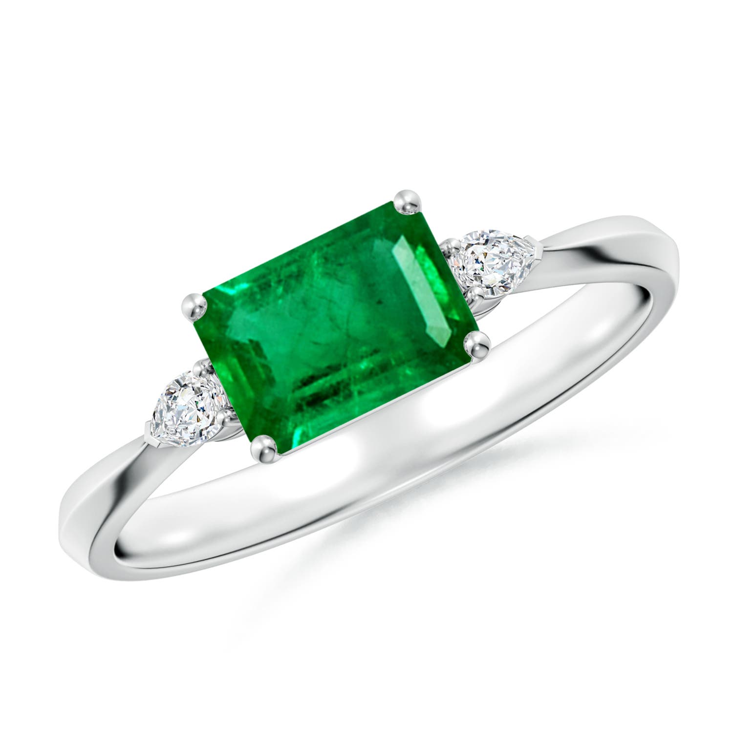 7x5mm AAA Classic East-West Emerald-Cut Emerald Side Stone Engagement Ring in 18CT White Gold