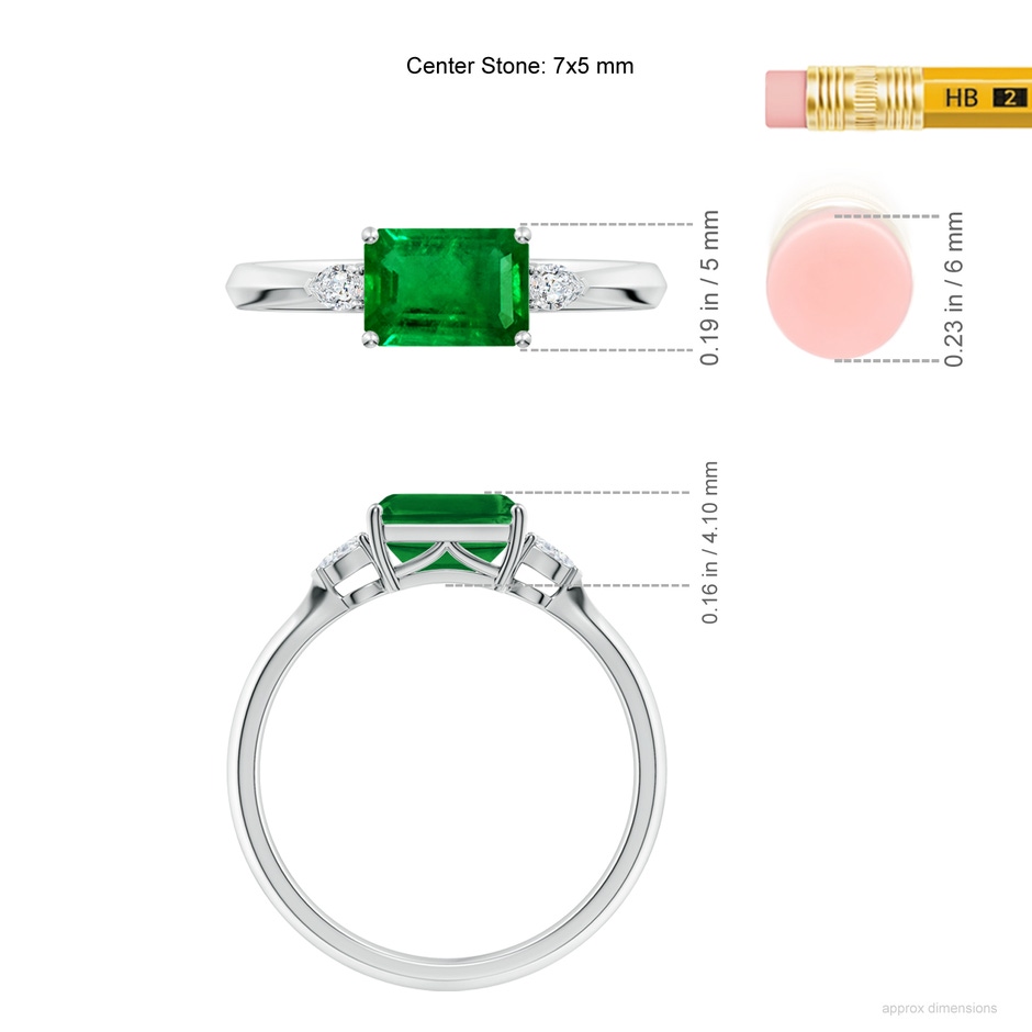 7x5mm AAAA Classic East-West Emerald-Cut Emerald Side Stone Engagement Ring in P950 Platinum ruler