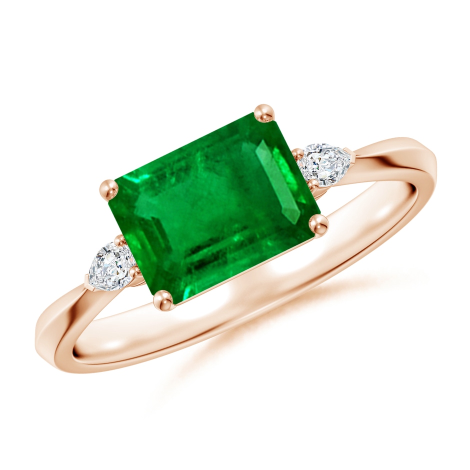 8x6mm AAAA Classic East-West Emerald-Cut Emerald Side Stone Engagement Ring in 18K Rose Gold 